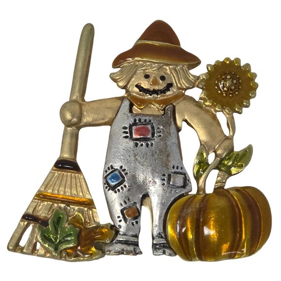 Vintage KC Kenneth Cole Fall Scarecrow Brooch with Pumpkin, Sunflower and Broom - Picture 1 of 9